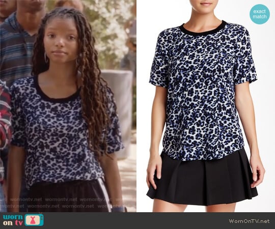 Lynx Print Short Sleeve Silk Blouse by Rebecca Taylor worn by Skylar Forster (Halle Bailey) on Grown-ish