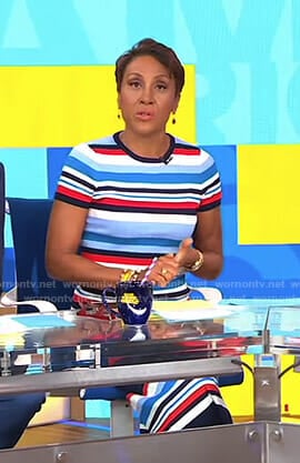 Robin’s striped short sleeve top and ribbed skirt on Good Morning America