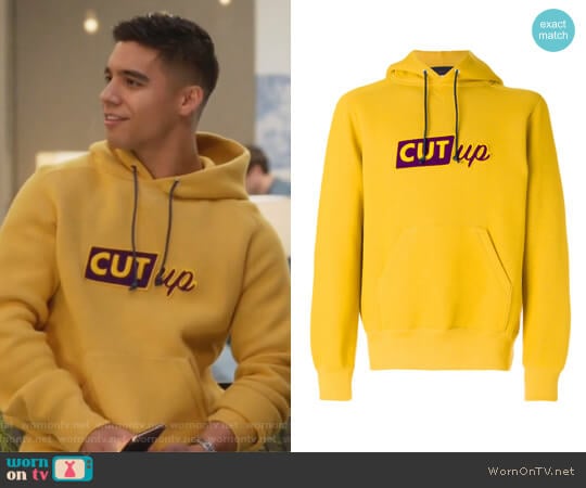 Cut-up slogan hoodie by Sacai worn by Vivek Shah (Jordan Buhat) on Grown-ish