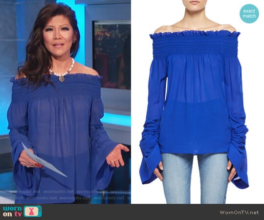 Silk Georgette Off-the-Shoulder Top by Saint Laurent worn by Julie Chen (Julie Chen) on Celebrity Big Brother