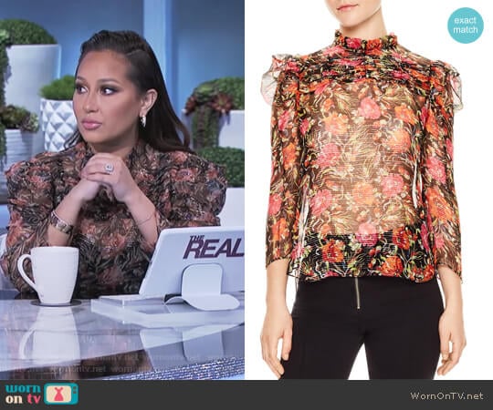 Amina Floral-Print Metallic-Stripe Top by Sandro  worn by Adrienne Houghton on The Real