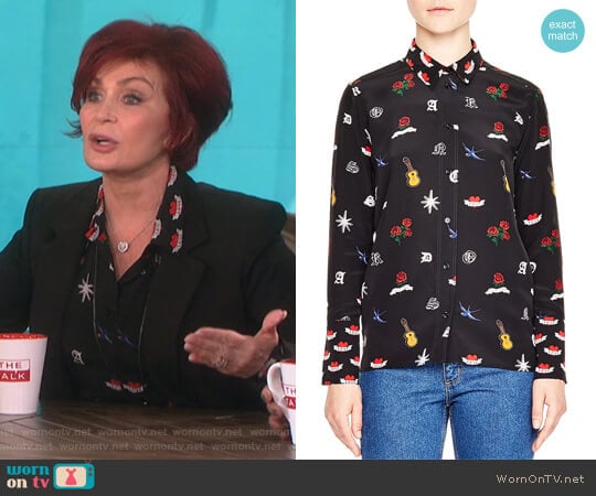 Mellie Tattoo-Print Silk Shirt by Sandro worn by Sharon Osbourne on The Talk