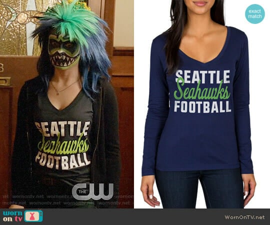 Seattle Seahawks Navy Blitz 2 Hit Long Sleeve V-Neck T-Shirt worn by Liv Moore (Rose McIver) on iZombie