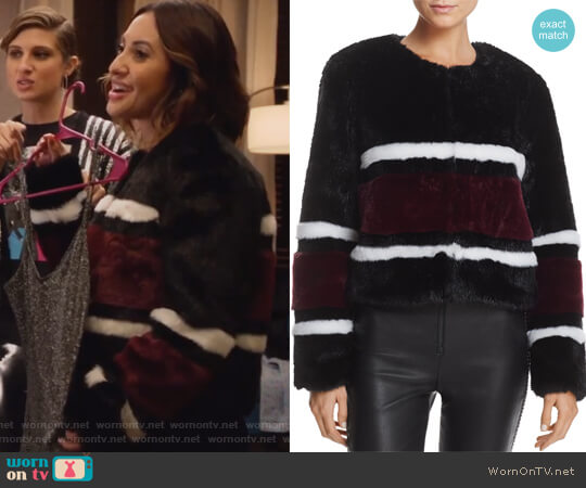 Striped Faux Fur Jacket by Sunset & Spring worn by Ana Torres (Francia Raisa) on Grown-ish