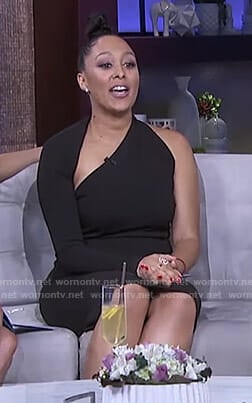 Tamera’s black asymmetric one sleeve dress on The Real