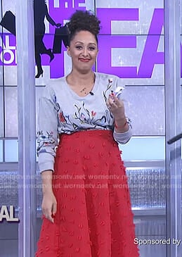 Tamera’s grey floral sweatshirt and red skirt on The Real