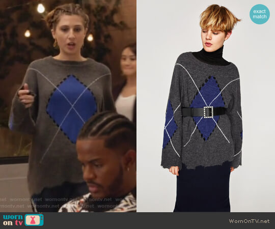 Zara Ripped Diamond Knit Sweater worn by Nomi Segal (Emily Arlook) on Grown-ish