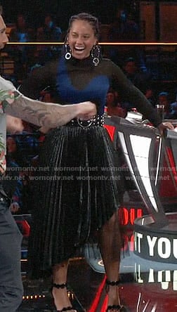 Alicia Keys's black and blue mesh top and pleated metallic skirt on The Voice