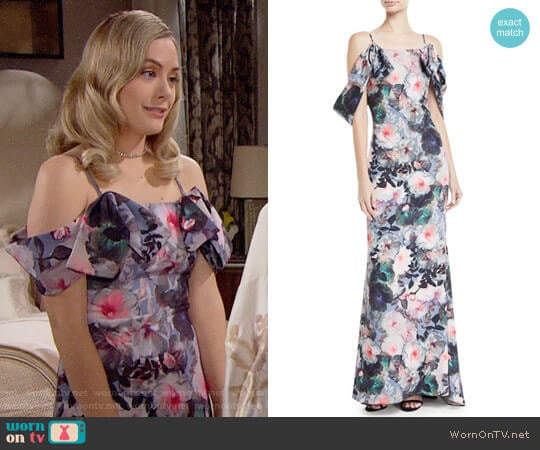 Badgley Mischka Tie-Sleeve Floral-Print Long Gown worn by Hope Logan (Annika Noelle) on The Bold and the Beautiful