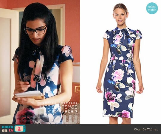 Betsey Johnson Scuba Midi with Neck Tie Dress worn by Krishna (Shelly Bhalla) on Jane the Virgin