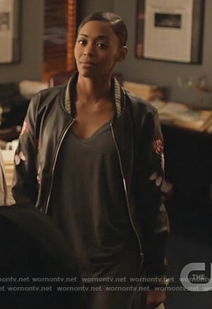 Anissa's black embroidered bomber jacket on Black Lightning