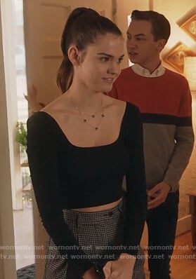 Callie's black square neck top and check pants on The Fosters
