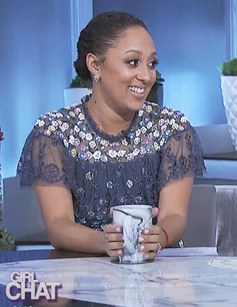 Tamera’s blue embroidered ruffle dress on The Real