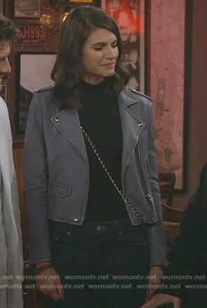 Leslie's blue moto jacket on Living Biblically