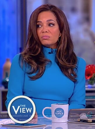 Sunny’s blue long sleeve mock neck dress on The View