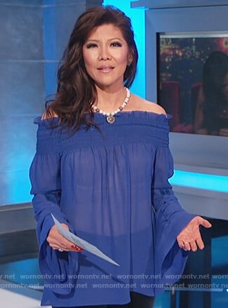 Julie's blue smocked off shoulder top on Celebrity Big Brother