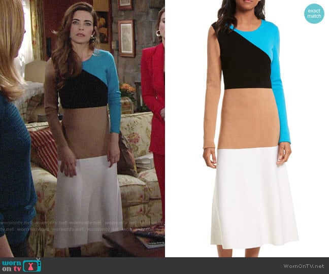 Diane von Furstenberg Crewneck Long-Sleeve Flare Knit Midi Dress worn by Victoria Newman (Amelia Heinle) on The Young and the Restless