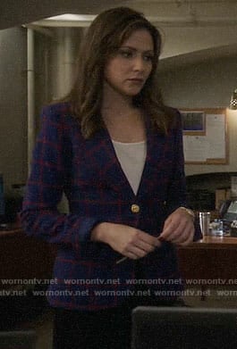 Emily’s blue and red windowpane check blazer on Designated Survivor