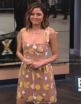 Erin's beige embellished banana and pineapple dress on E! News