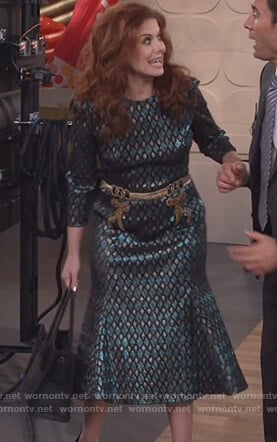 Grace’s green and gold metallic dress on Will and Grace