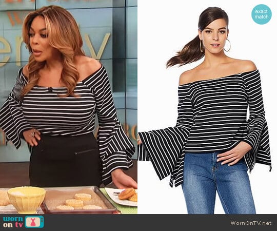 Ponte Off-the-Shoulder Striped Top by Wendy Williams HSN Collection worn by Wendy Williams on The Wendy Williams Show