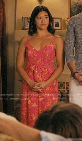 Jane’s pink palm print jumpsuit on Jane the Virgin