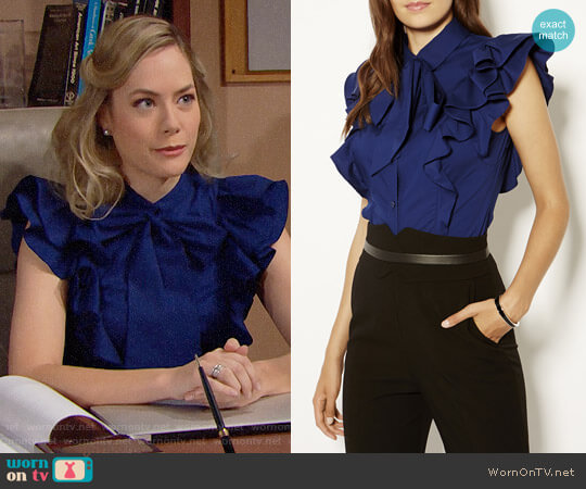 Karen Millen Pussy Bow Frill Shirt worn by Hope Logan (Annika Noelle) on The Bold and the Beautiful