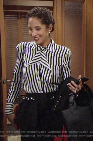 Lily's striped ruffled blouse and pearl embellished skirt on The Young and the Restless