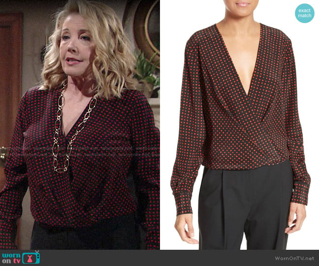 Diane von Furstenberg Dot Print Silk Drape Front Blouse worn by Nikki Reed Newman (Melody Thomas-Scott) on The Young and the Restless