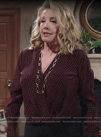 Nikki’s red polka dot draped front blouse on The Young and the Restless