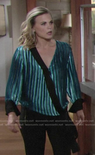 Phyllis’s blue velvet wrap blouse on The Young and the Restless