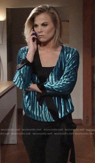 Phyllis’s blue velvet wrap blouse on The Young and the Restless