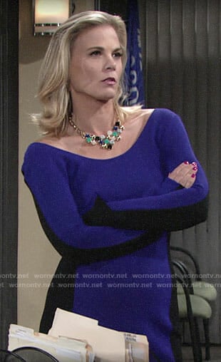 Phyllis’s purple and black long sleeved midi dress on The Young and the Restless