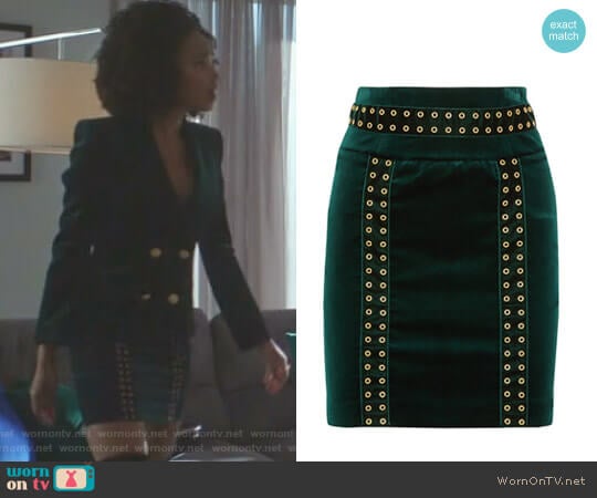 Embellished Velvet Mini Skirt by Pierre Balmain worn by Monica Colby (Wakeema Hollis) on Dynasty