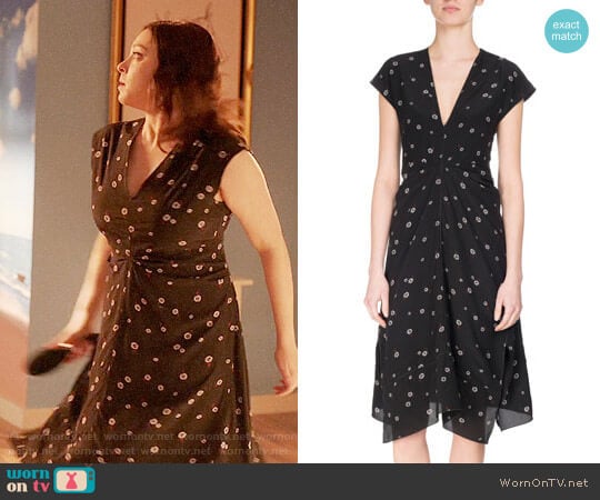 Proenza Schouler Rocket Sunflower Silk Cap-Sleeve Midi Dress worn by Rebecca Bunch (Rachel Bloom) on Crazy Ex-Girlfriend