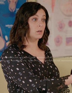 Rebecca’s black printed blouse with lace cuffs on Crazy Ex-Girlfriend