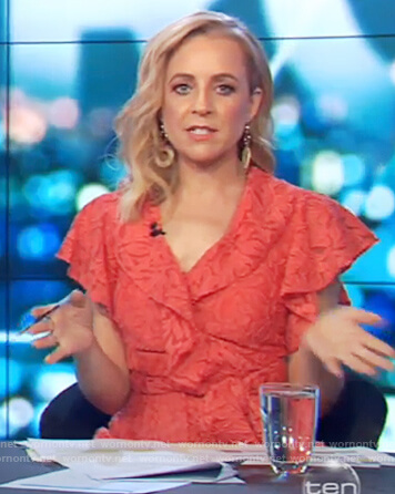 Carrie’s red ruffle wrap playsuit on The Project