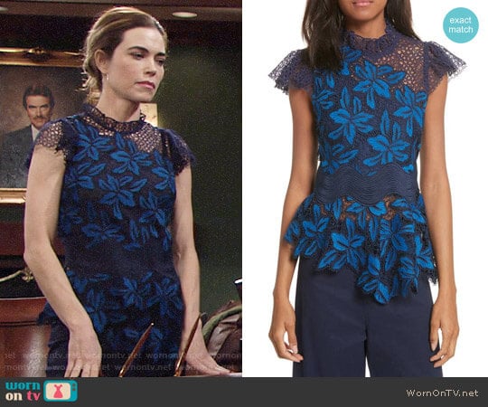 Sea Mosaic Lace Peplum Top worn by Victoria Newman (Amelia Heinle) on The Young and the Restless