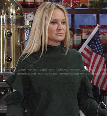 Sharon's green ruffled sweater with cutout arms on The Young and the Restless