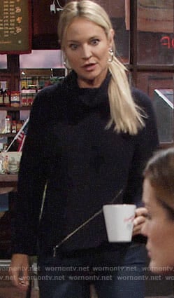 Sharon's navy zip front turtleneck sweater on The Young and the Restless