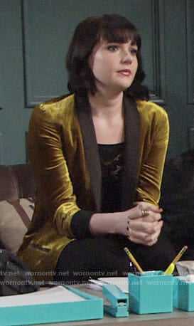 WornOnTV: Tessa’s yellow velvet blazer and black mesh top on The Young ...