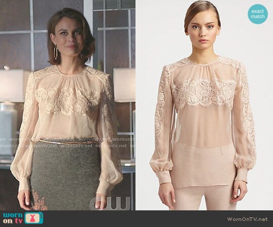 Lace On Silk Chiffon Shirt by Valentino worn by Cristal Flores (Nathalie Kelley) on Dynasty