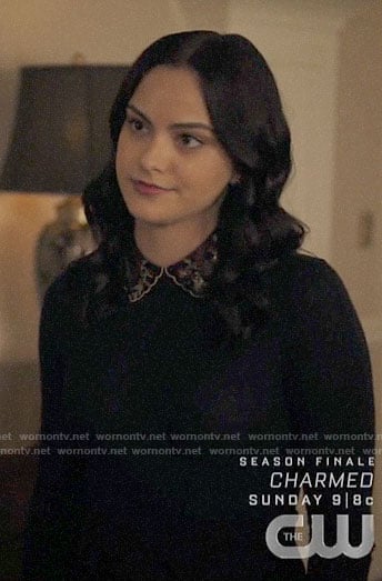 Veronica's navy sweater with embroidered collar on Riverdale