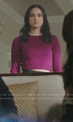 Veronica's magenta asymmetric buttoned sweater on Riverdale