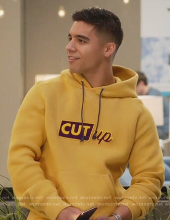 Vivek’s yellow cut-up hoodie on Grown-ish