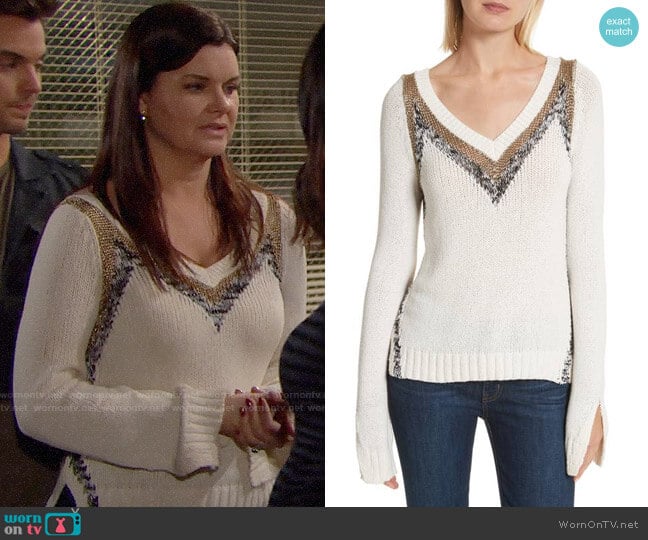 10 Crosby Derek Lam V-neck Stripe Pullover worn by Katie Logan (Heather Tom) on The Bold and the Beautiful