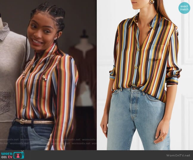 WornOnTV: Zoey’s striped shirt and patchwork jeans on Grown-ish | Yara ...