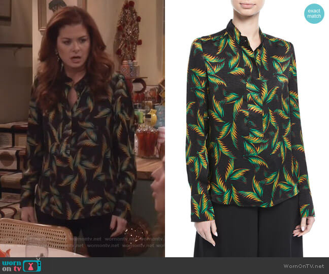 Gosford Button-Front Printed Silk Top by ALC worn by Grace Adler (Debra Messing) on Will and Grace