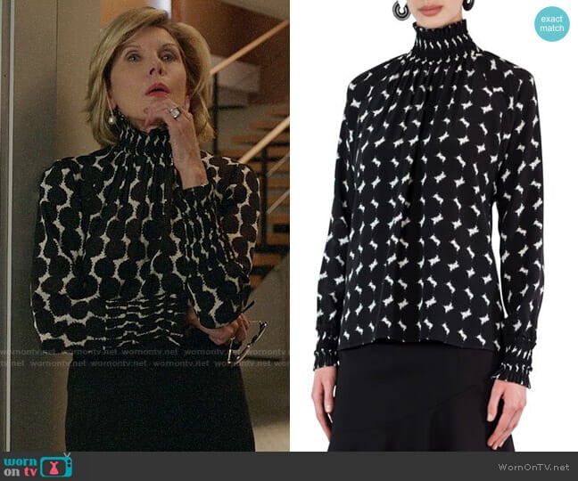 Akris Punto Smocked Punto Dot Lace Silk Blouse worn by Diane Lockhart (Christine Baranski) on The Good Fight