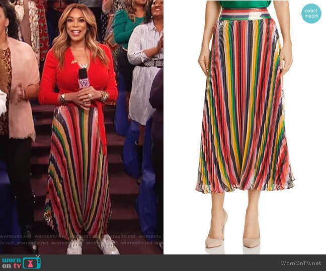 Katz Sunburst Pleated Metallic Striped Midi Skirt by Alice + Olivia worn by Wendy Williams on The Wendy Williams Show